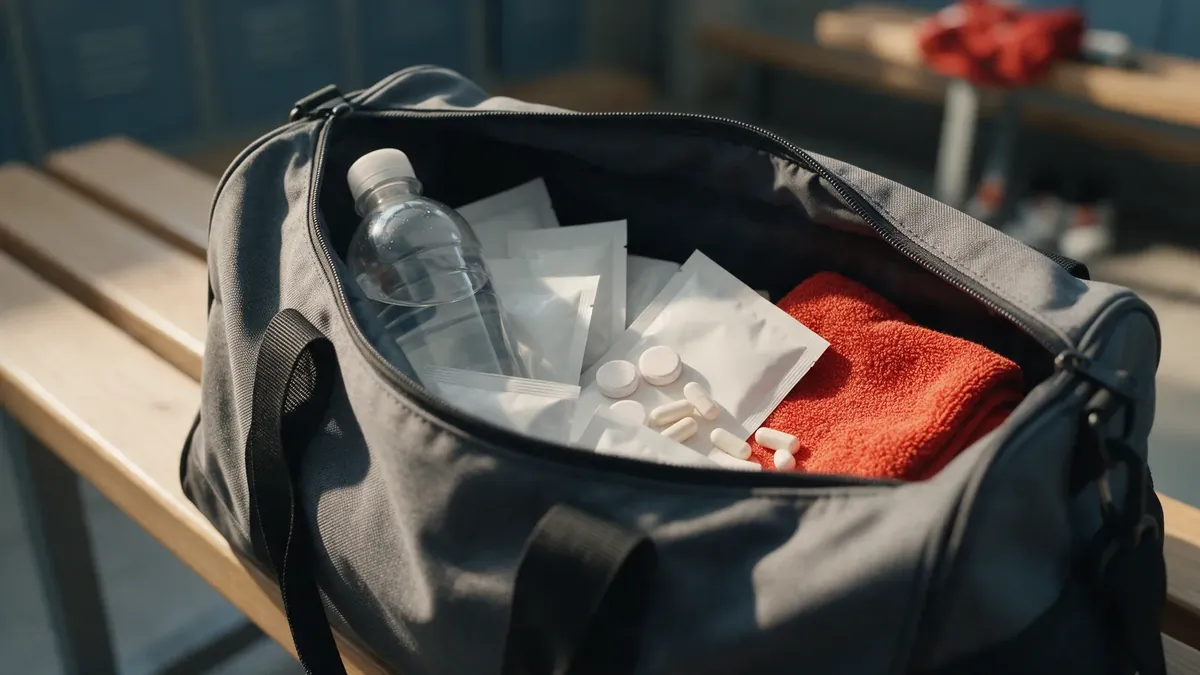 Una borsa sportiva aperta su una panca dello spogliatoio con una borraccia, bustine, compresse effervescenti, capsule e un asciugamano arancione.
