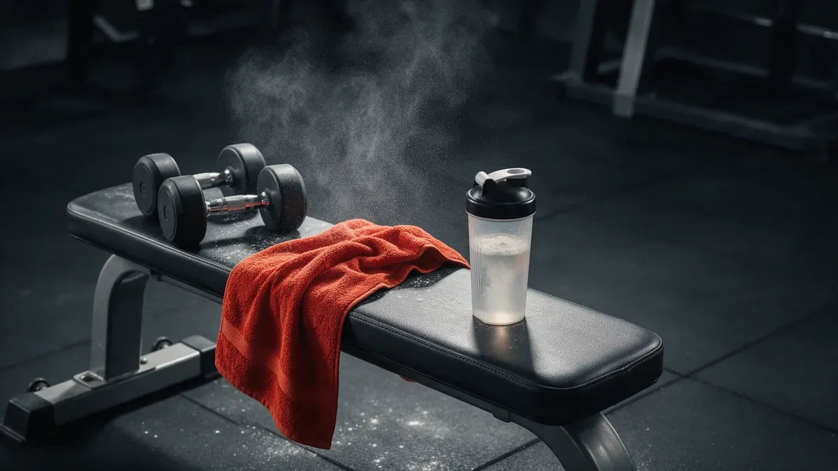 Una panca da palestra con due manubri, un asciugamano arancione e uno shaker trasparente con una bevanda torbida.