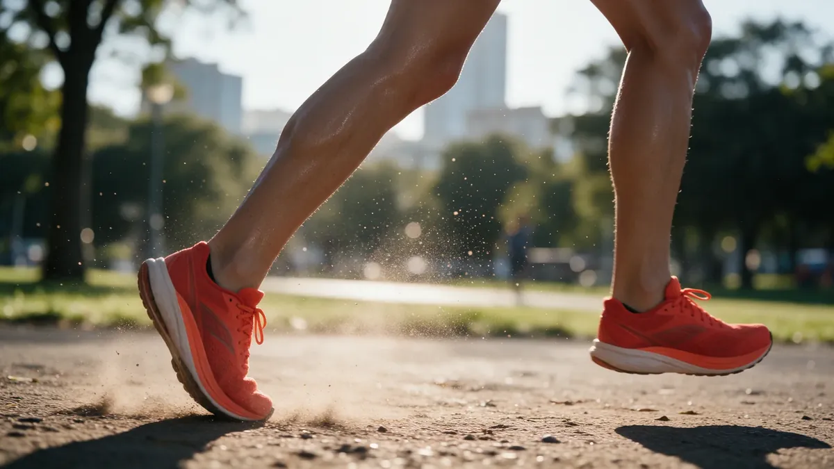 Le gambe di un corridore con scarpe arancioni a metà falcata su un sentiero del parco, nella luce del mattino.